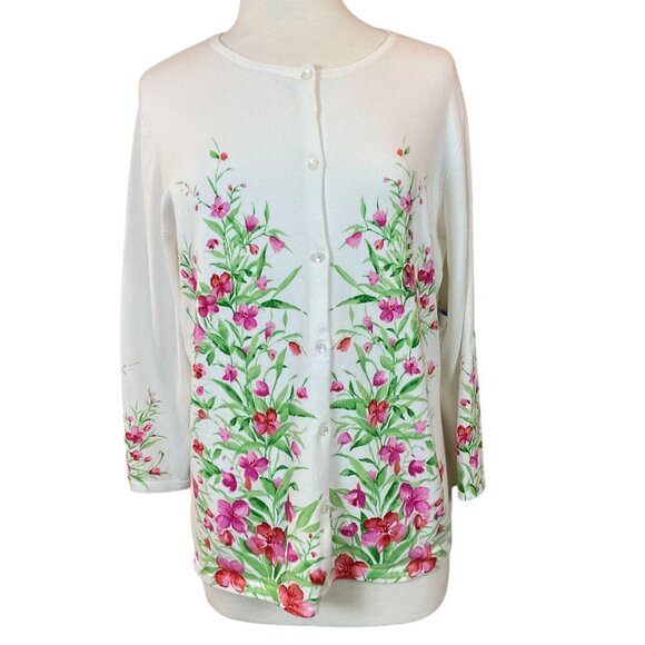 Jones NY Signature Long Sleeve Crewneck Pink Green Floral Motif Cardigan XL NWT - Picture 1 of 7